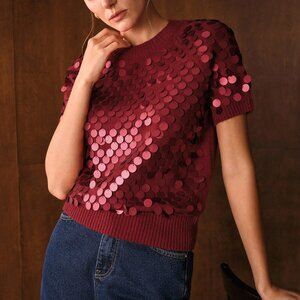 Red Casual Women's Premium Versatile Sequin Embellished Short Sleeve Knit Top